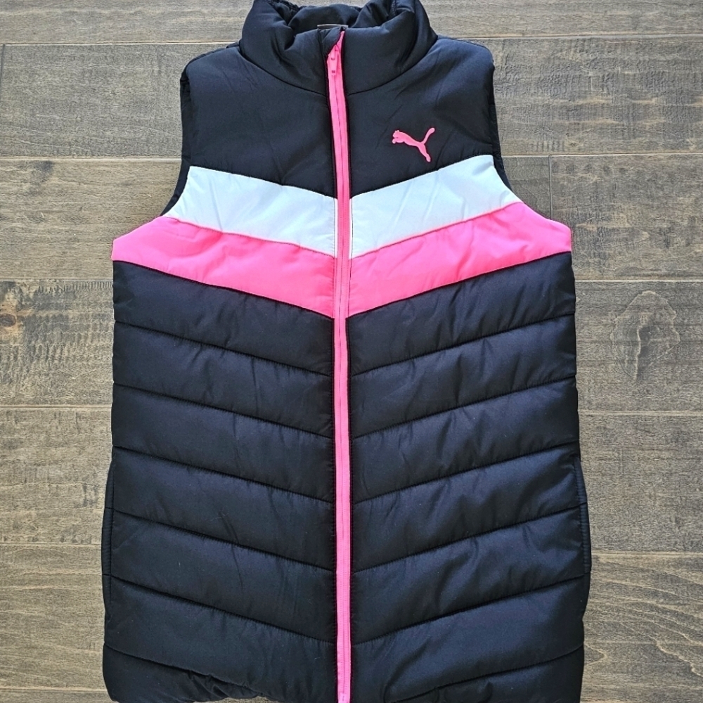 Puma Girl's Black and Neon Pink Puffer Vest sz 10/12